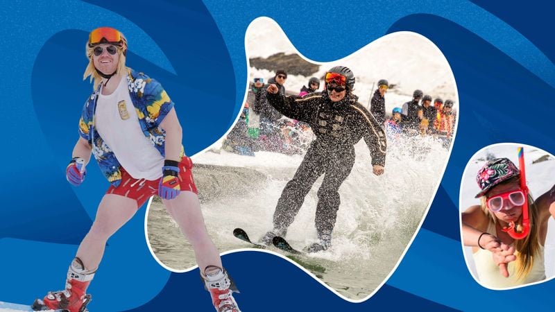 people skiing in brightly coloured clothes
