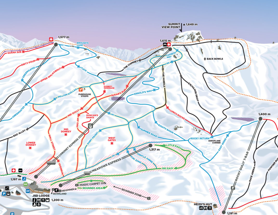 Coronet Peak ski trail map showing lifts, runs, lodges, and elevations from 1,191m to 1,649m.