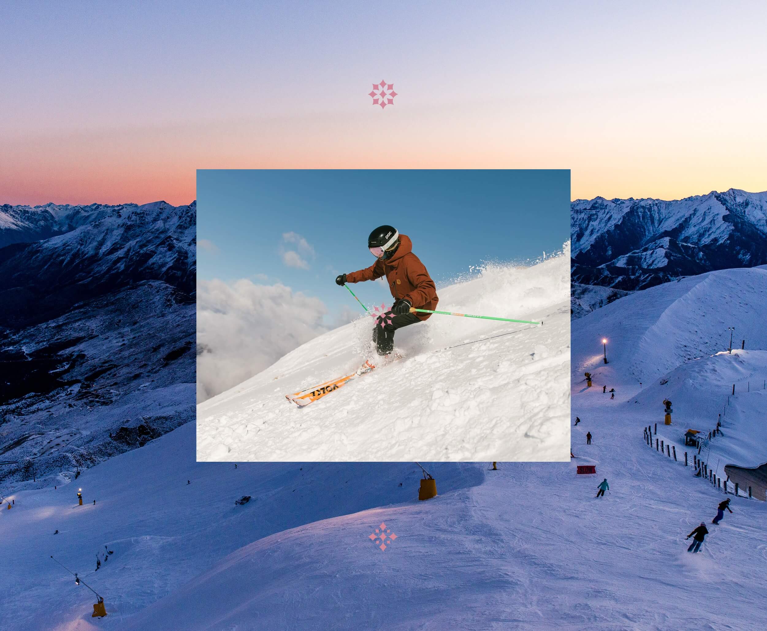 Skier in brown jacket skiing down snowy slope with mountain sunset in the background.