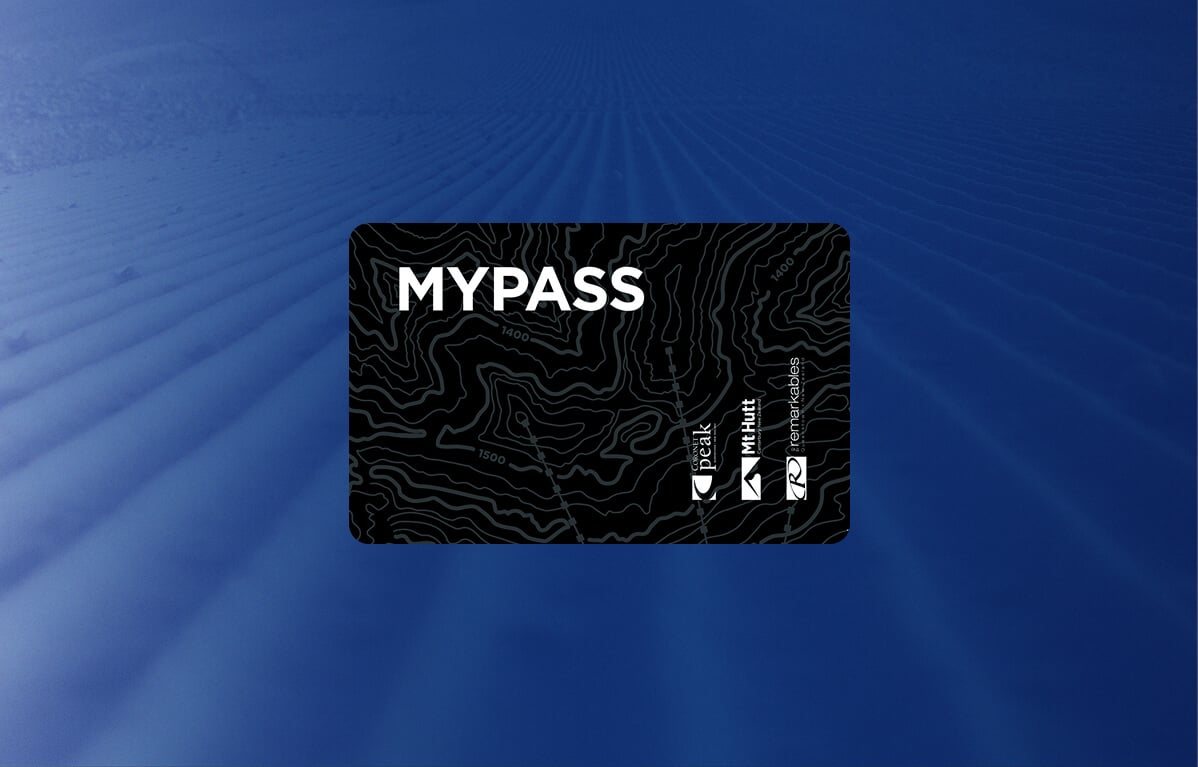 Black pass card labeled MYPASS with topographic map lines and three logos at the bottom right.